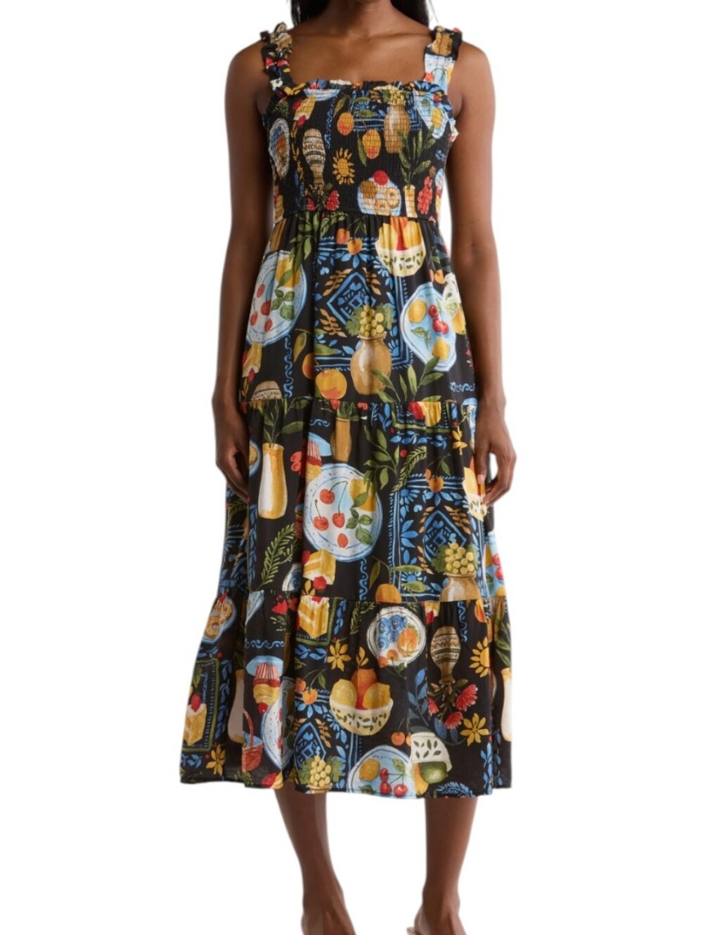 Blu Pepper Black Fruit-Print Tiered Midi Dress...Size Large